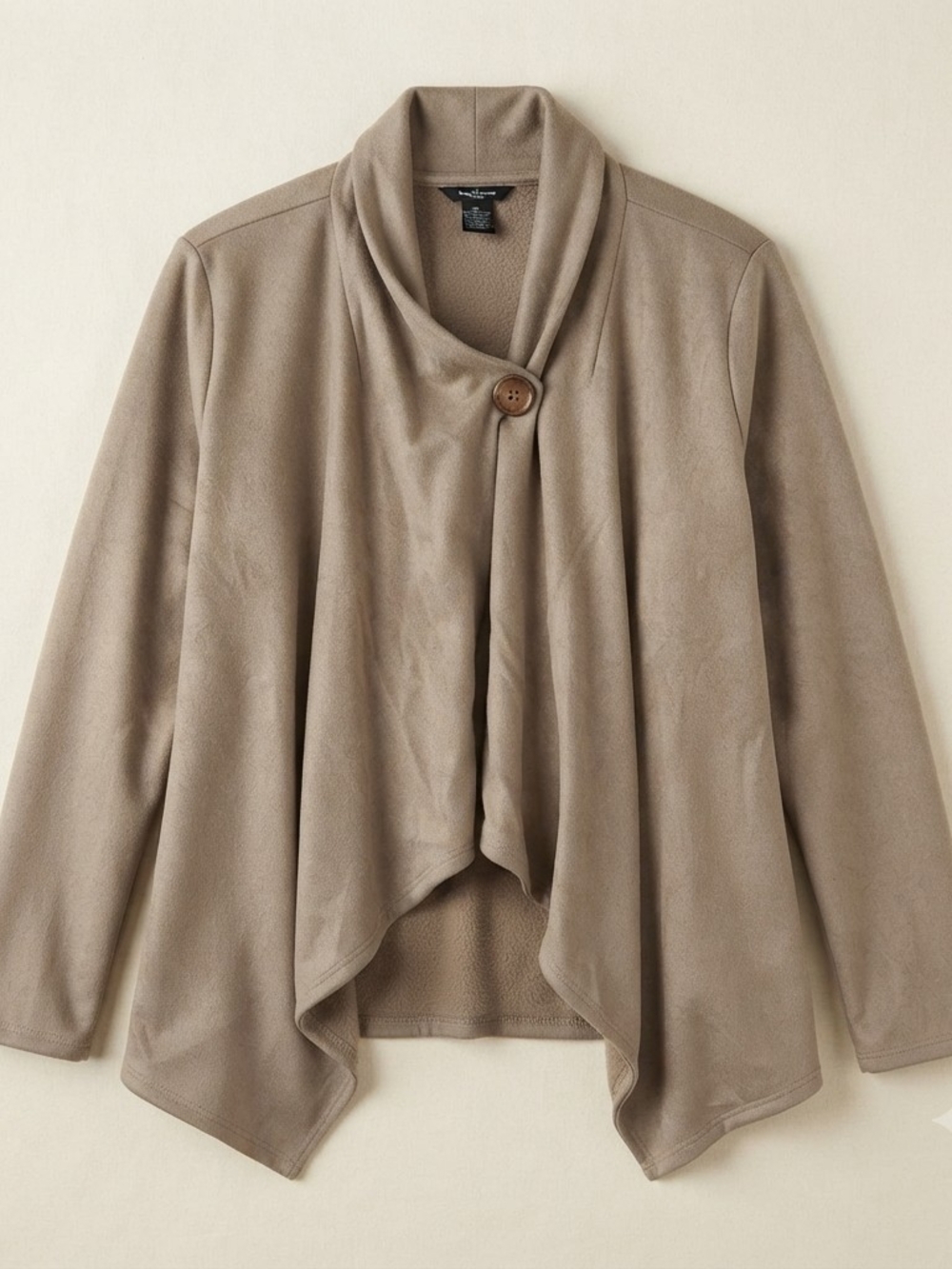 Bobeau Women's Plus Size 1X Taupe Faux Suede Asymmetrical Drape Front Cardigan J